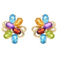 Yellow Gold Topaz Garnet Peridot Large Cluster Stud Earrings - 10k Oval 6.18ctw