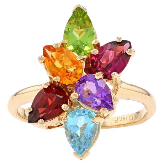 Yellow Gold Topaz Peridot Garnet Cluster Cocktail Ring - 14k Pear 2.45ctw Floral For Sale