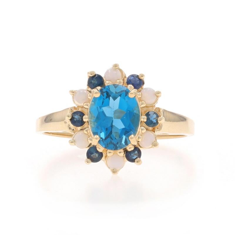 Size: 8
Sizing Fee: Up 3 sizes for $30 or Down 2 sizes for $30

Metal Content: 10k Yellow Gold

Stone Information

Natural Topaz
Treatment: Routinely Enhanced
Carat(s): 1.60ct
Cut: Oval
Color: London Blue

Natural Sapphires
Treatment: