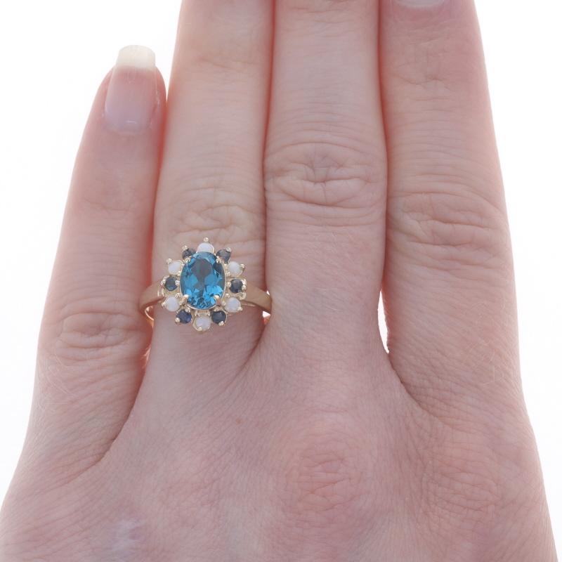 Oval Cut Yellow Gold Topaz Sapphire Opal Halo Ring - 10k Oval 2.08ctw London Blue For Sale