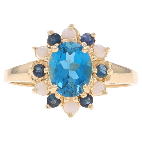 Yellow Gold Topaz Sapphire Opal Halo Ring - 10k Oval 2.08ctw London Blue For Sale
