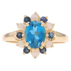 Yellow Gold Topaz Sapphire Opal Halo Ring - 10k Oval 2.08ctw London Blue