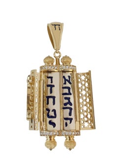 Yellow Gold Torah Pendant with Blue Enamel and Diamonds