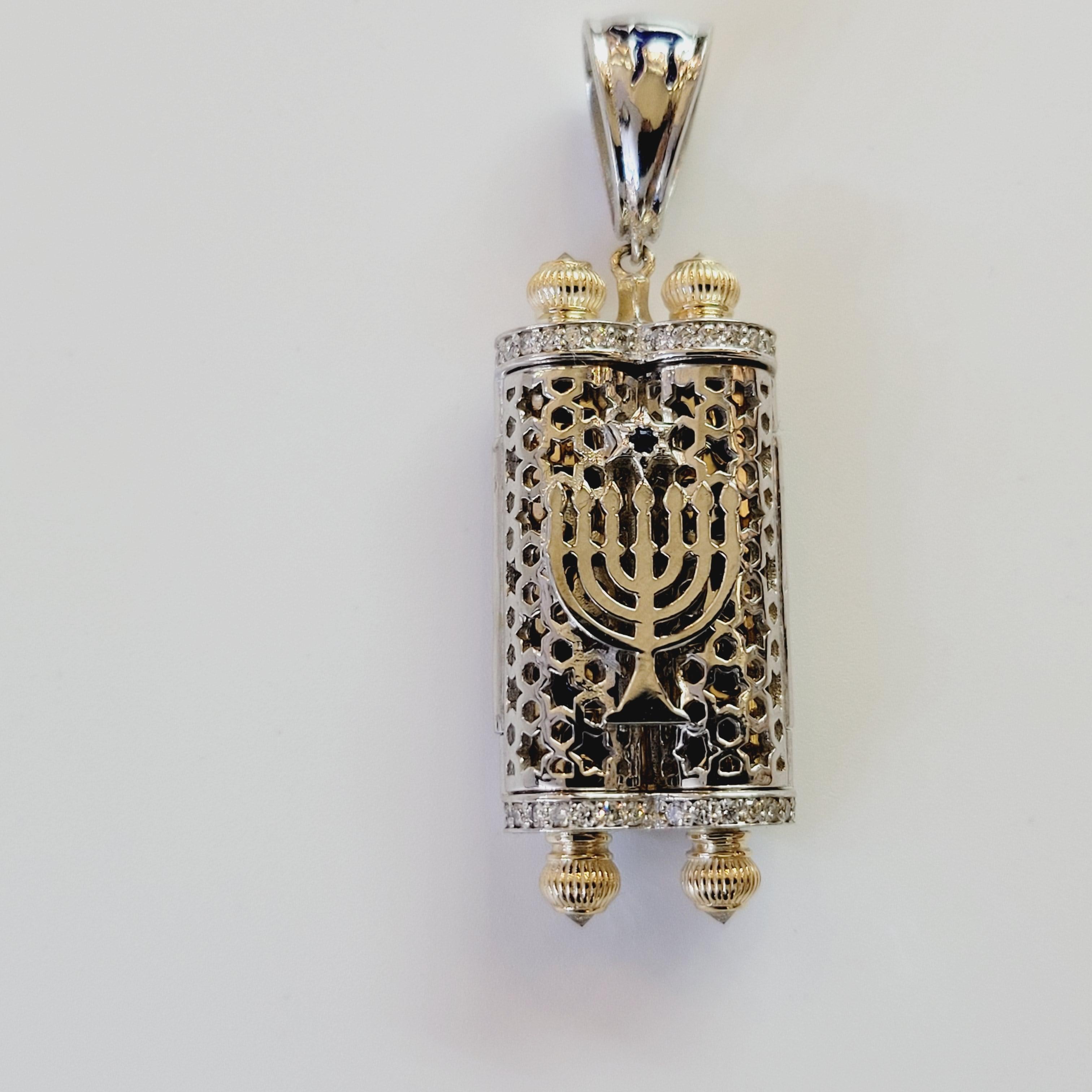 Women's or Men's Yellow Gold Torah Pendant with Blue Enamel and Diamonds For Sale