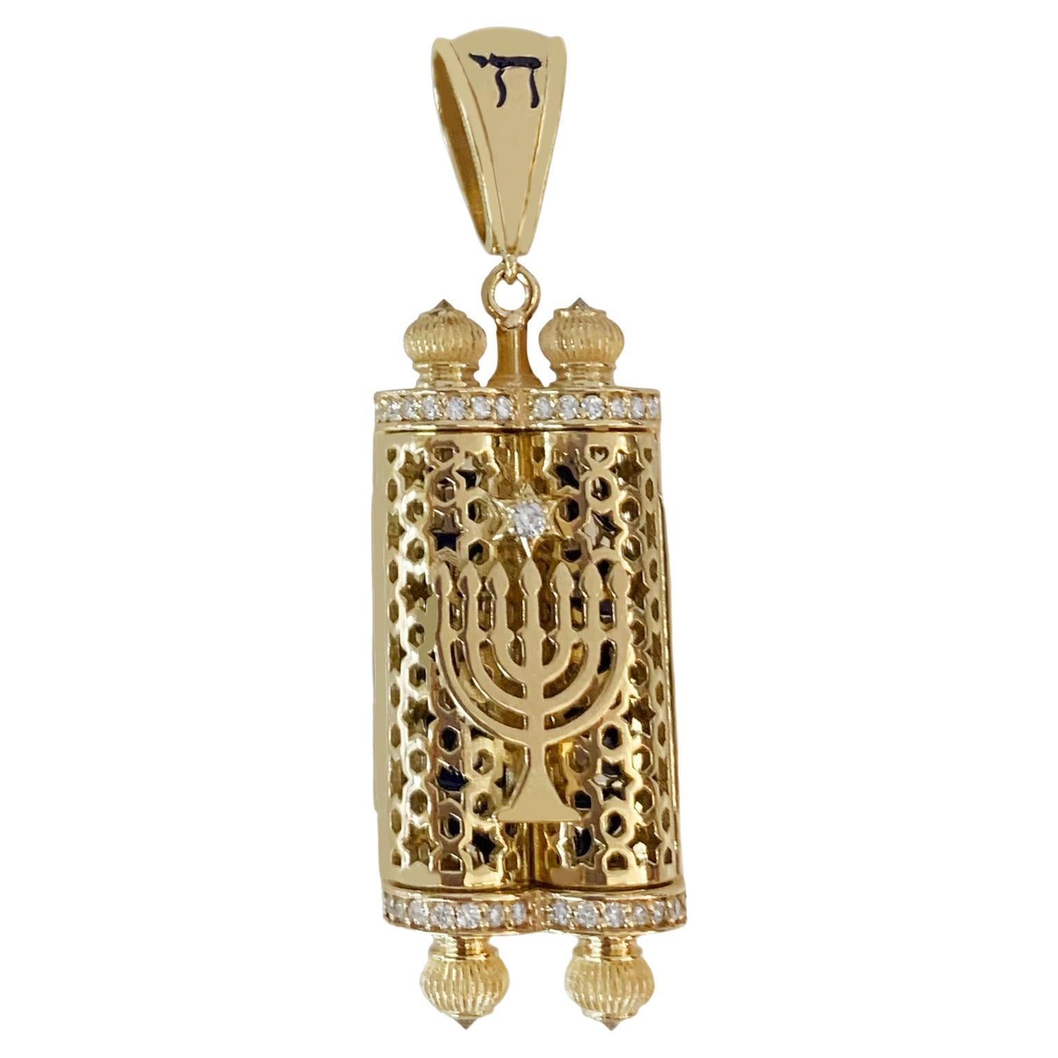 Yellow Gold Torah Pendant with Blue Enamel and Diamonds For Sale