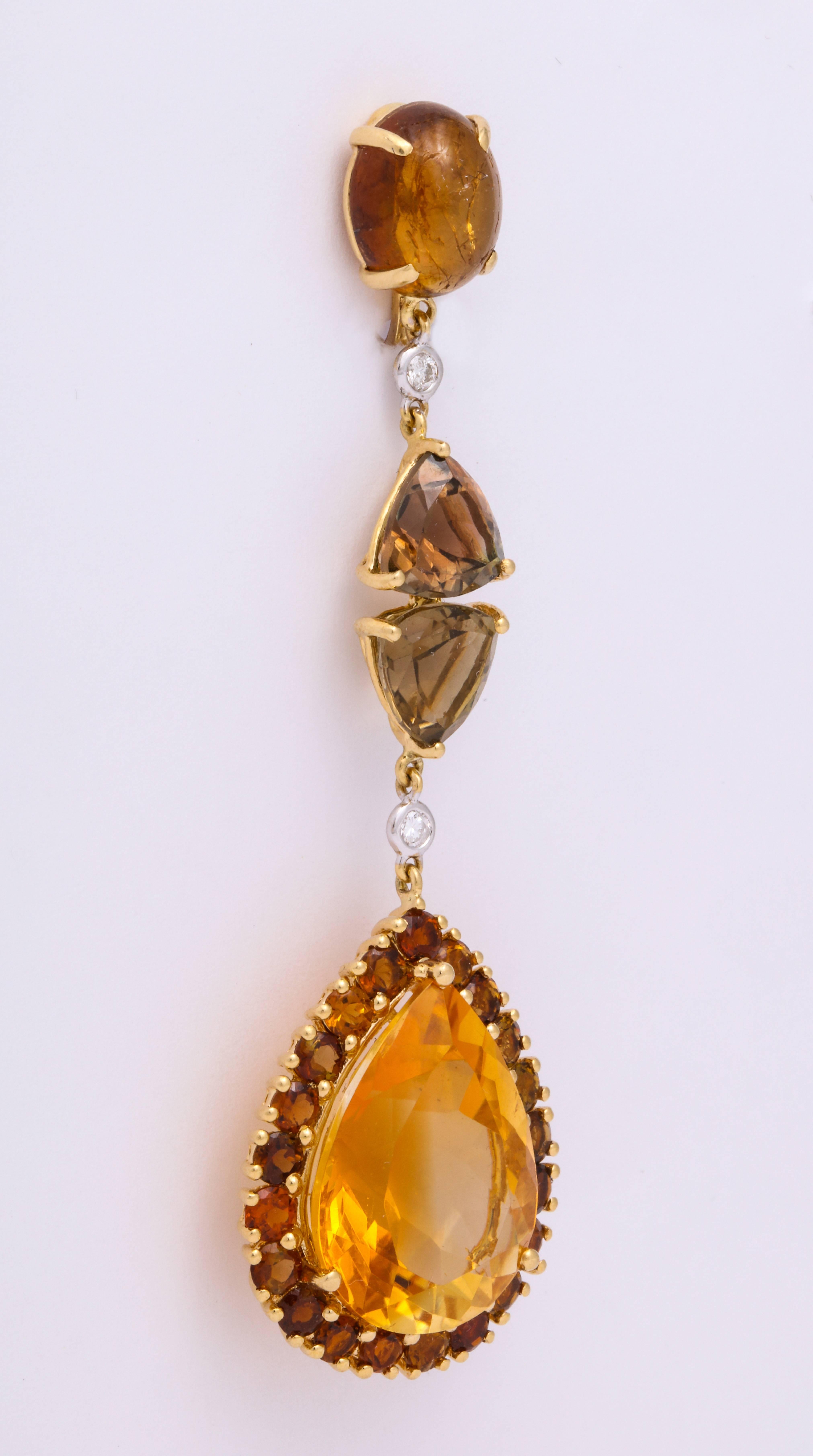 Artisan Yellow Gold, Tourmaline, Citrine and Diamond Ear Pendant Earrings For Sale