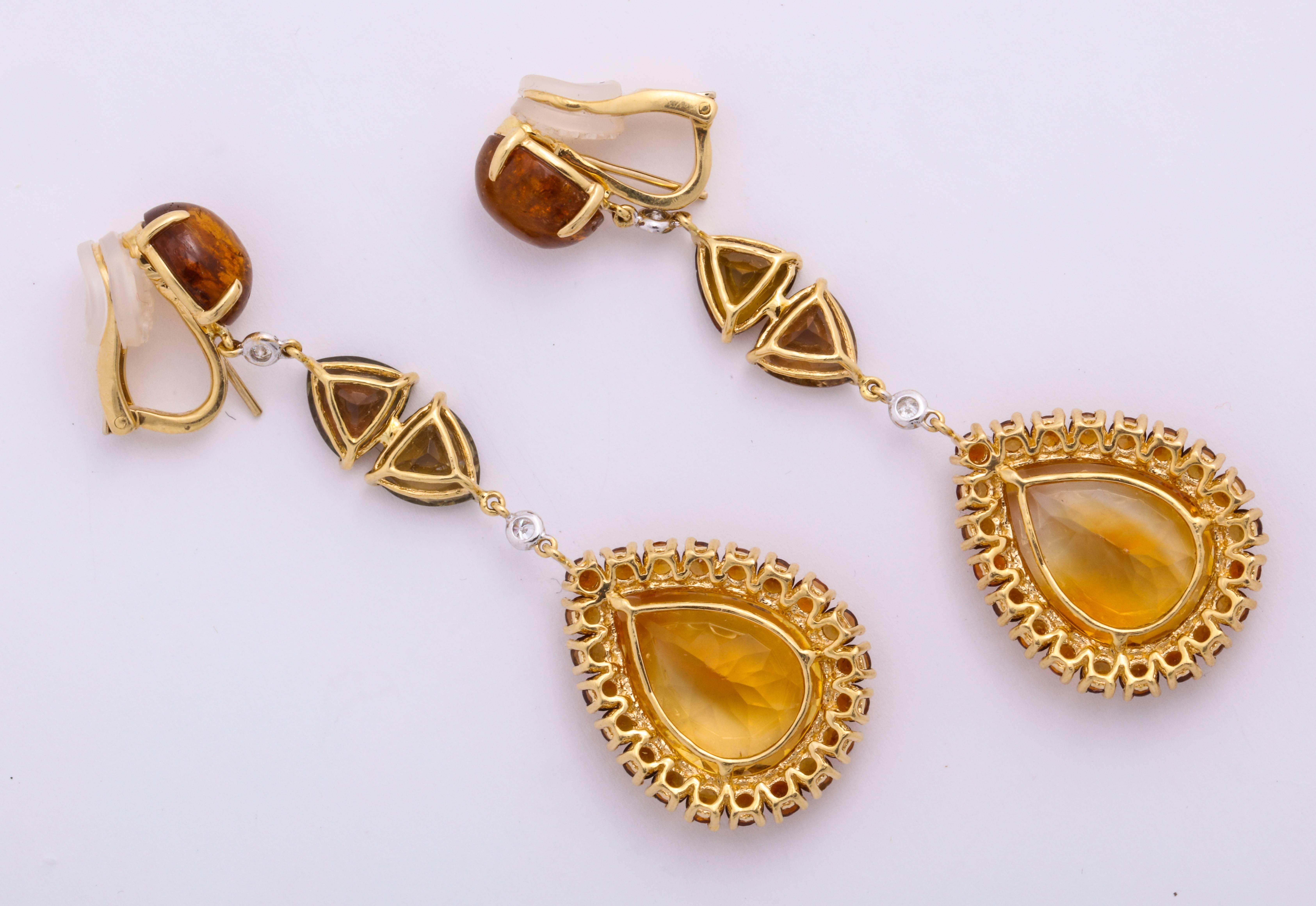 Yellow Gold, Tourmaline, Citrine and Diamond Ear Pendant Earrings In New Condition For Sale In New York, NY