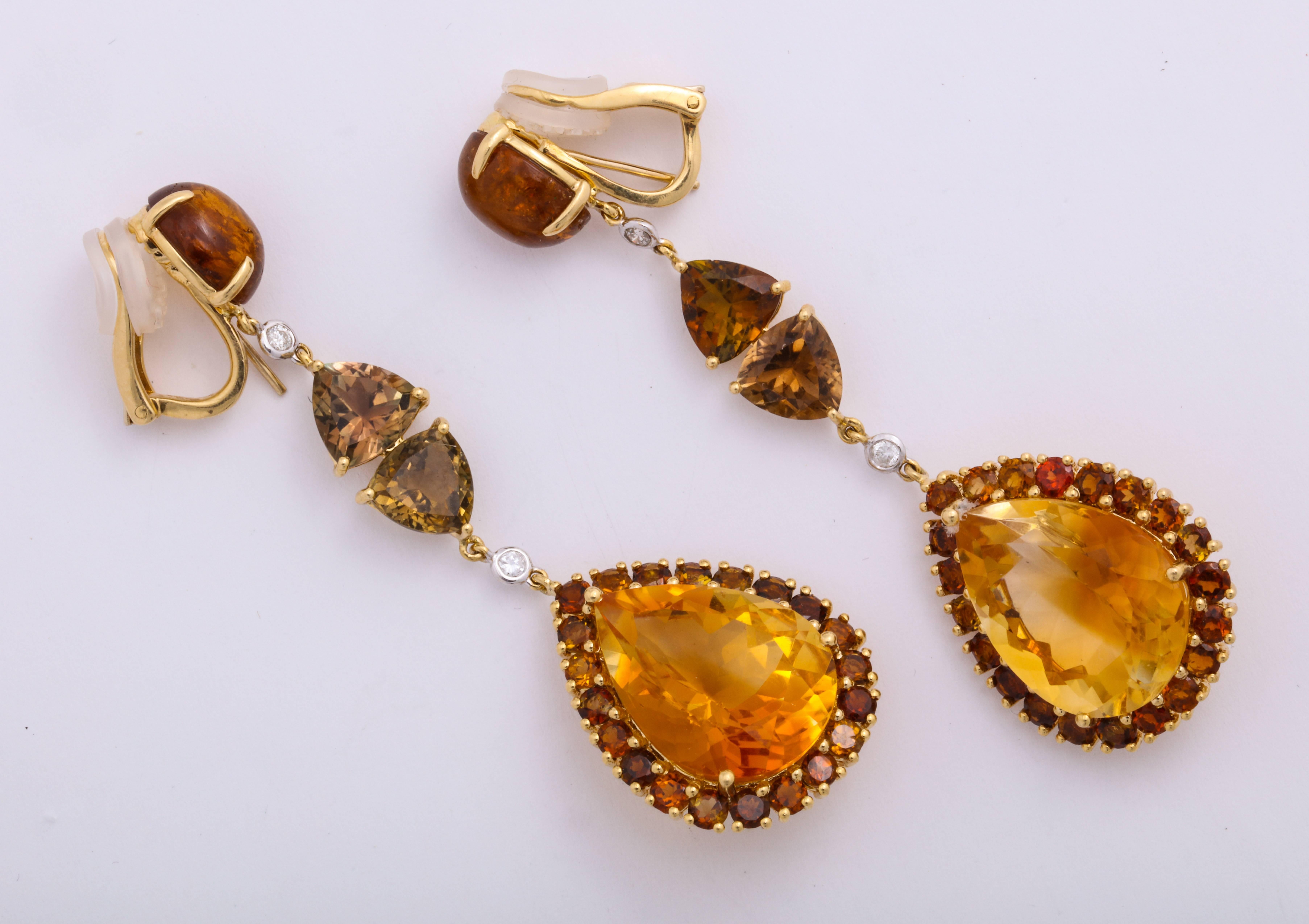 Women's or Men's Yellow Gold, Tourmaline, Citrine and Diamond Ear Pendant Earrings For Sale
