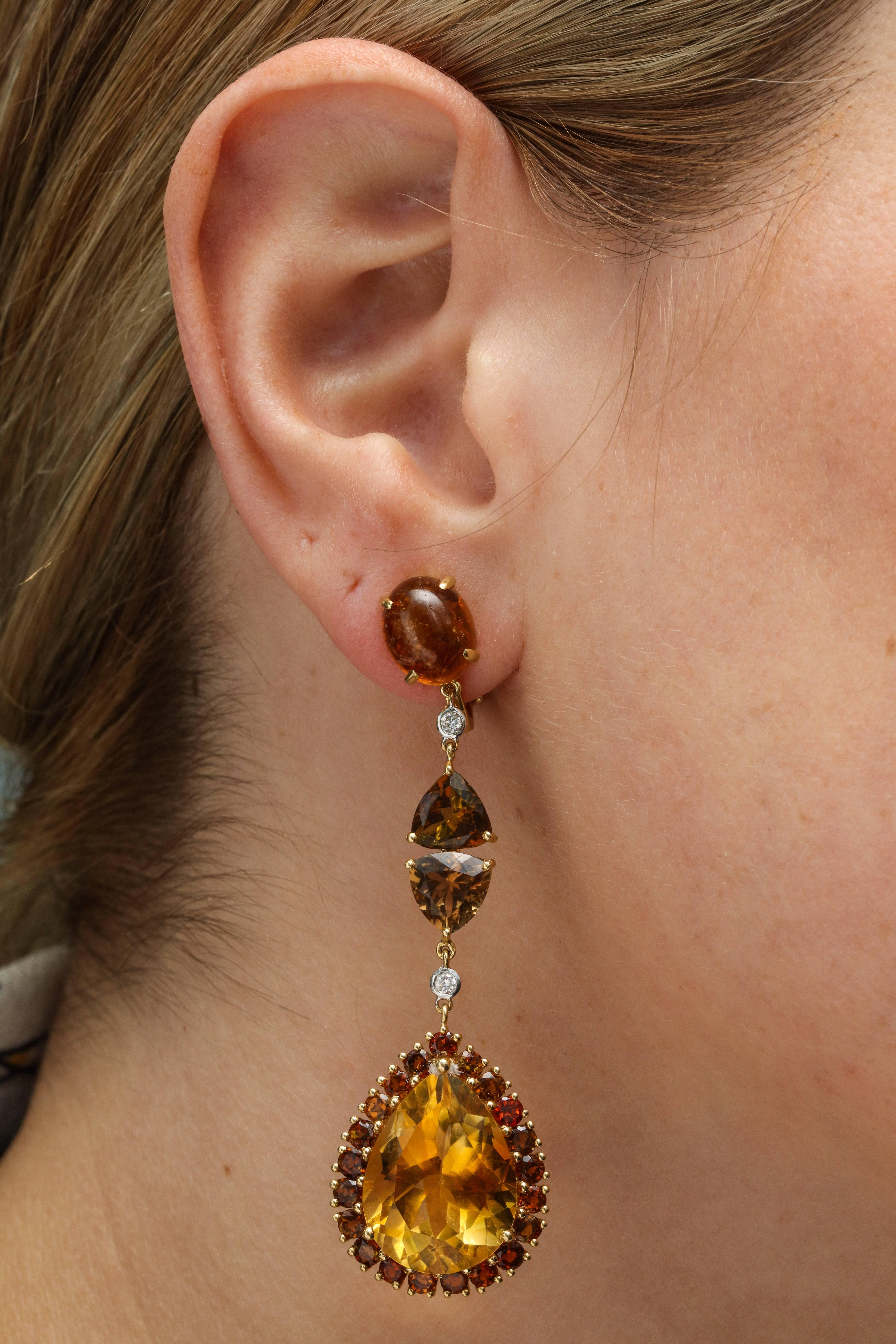 Yellow Gold, Tourmaline, Citrine and Diamond Ear Pendant Earrings For Sale 2