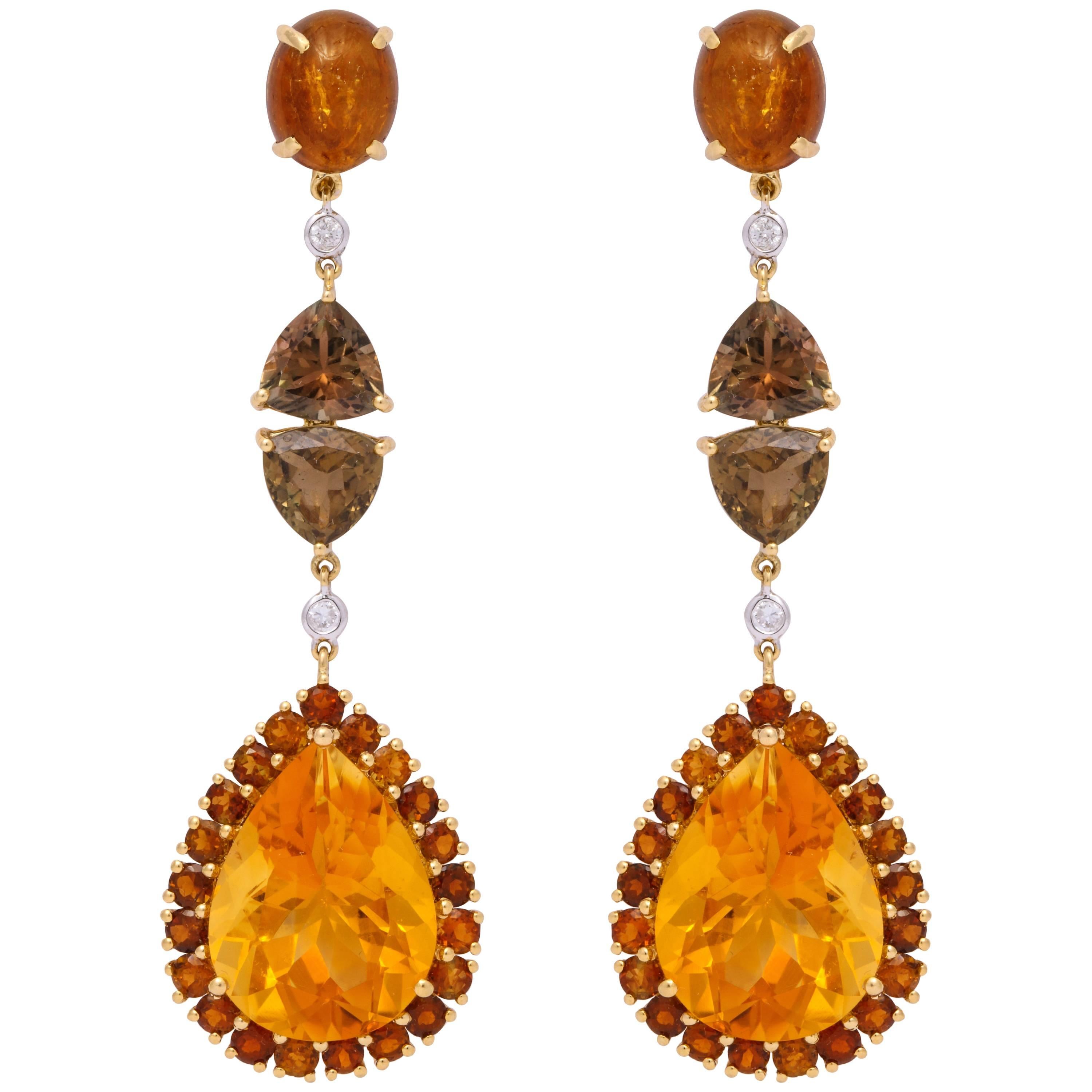 Yellow Gold, Tourmaline, Citrine and Diamond Ear Pendant Earrings For Sale