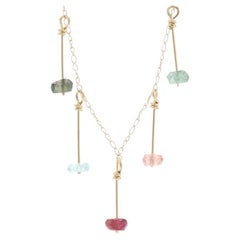 Retro Yellow Gold Tourmaline Drop Station Necklace, 14k Rondelle Beads