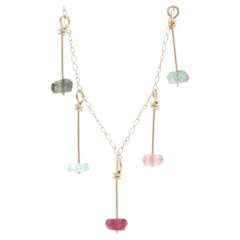 Yellow Gold Tourmaline Drop Station Necklace, 14k Rondelle Beads For Sale