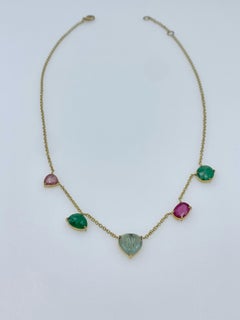 Yellow Gold Tourmaline Heart with Emeralds and Ruby Chain Choker Necklace