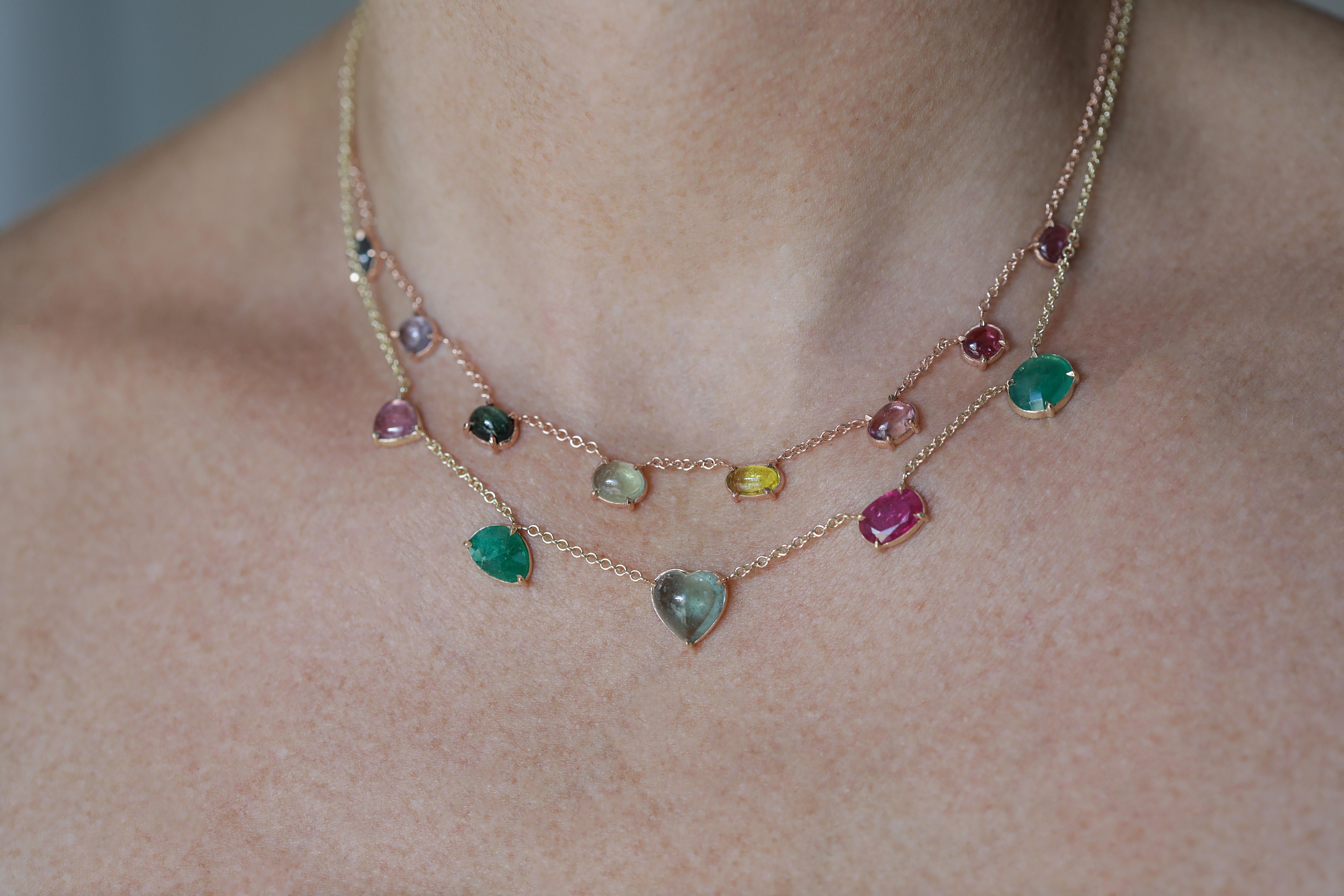 Cabochon Yellow Gold Tourmaline Heart with Emeralds and Ruby Chain Choker Necklace For Sale