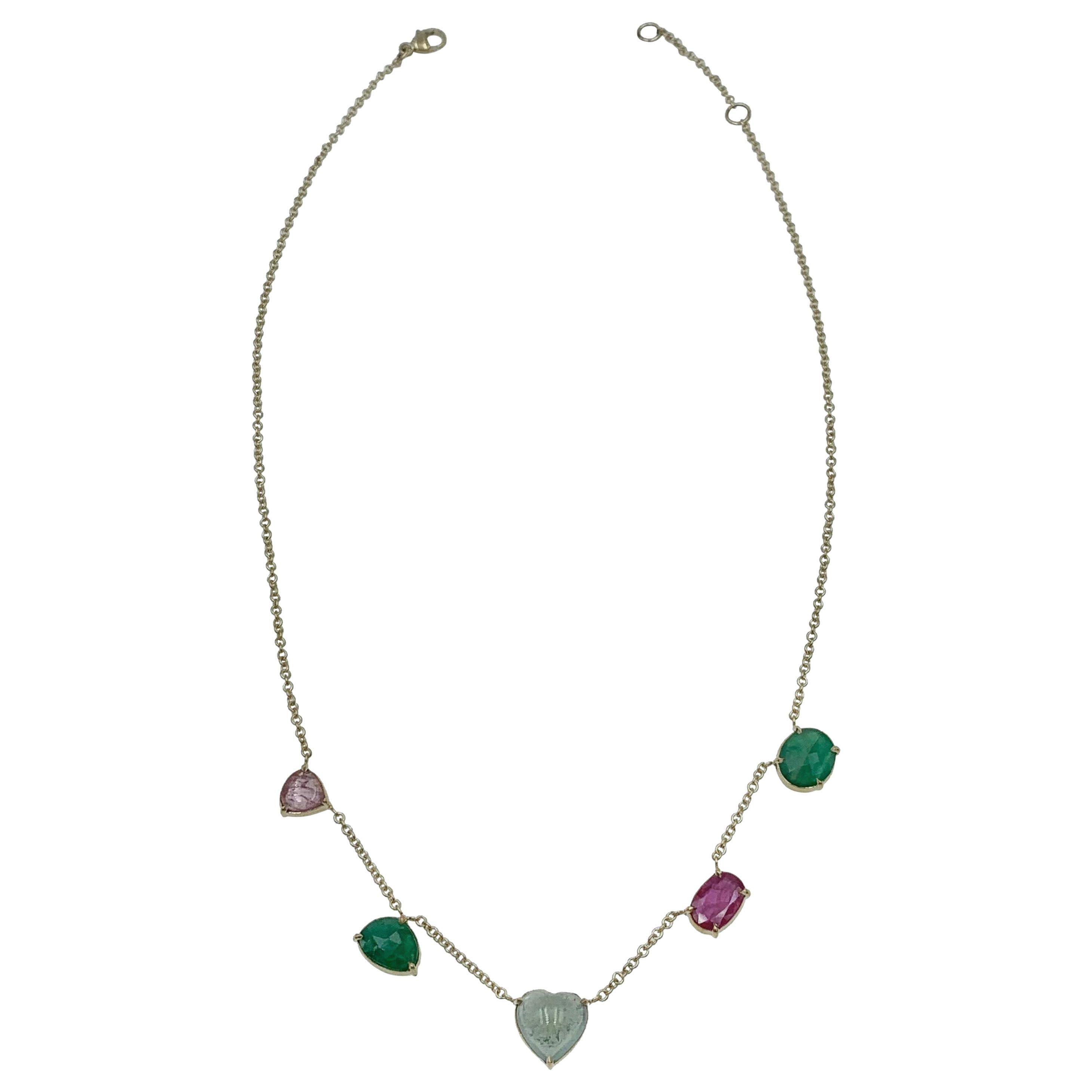Yellow Gold Tourmaline Heart with Emeralds and Ruby Chain Choker Necklace For Sale