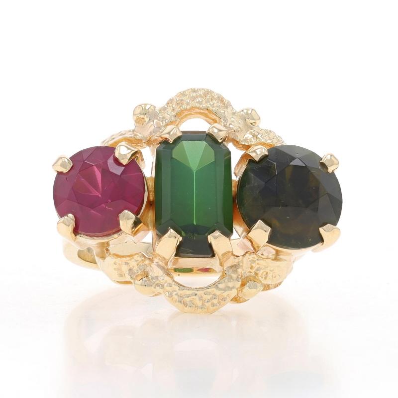 Size: 5
Sizing Fee: Up 3 sizes for $40 or Down 1 1/2 sizes for $30

Metal Content: 14k Yellow Gold

Stone Information
Natural Tourmalines
Carat(s): 3.32ctw
Cut: Emerald & Round
Color: Green

Natural Rubellite
Carat(s): 1.08ct
Cut: Round
Color: