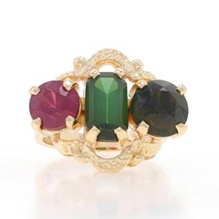 Yellow Gold Tourmaline Rubellite Three-Stone Ring - 14k Emerald & Rnd 4.40ctw