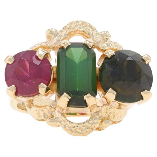 Yellow Gold Tourmaline Rubellite Three-Stone Ring - 14k Emerald & Rnd 4.40ctw For Sale
