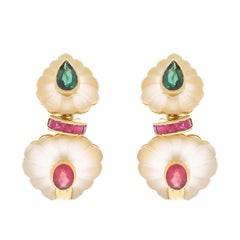 Yellow Gold Tourmaline Ruby Rock Quartz Dangle Earrings 18k Pear 2.44ctw Pierced
