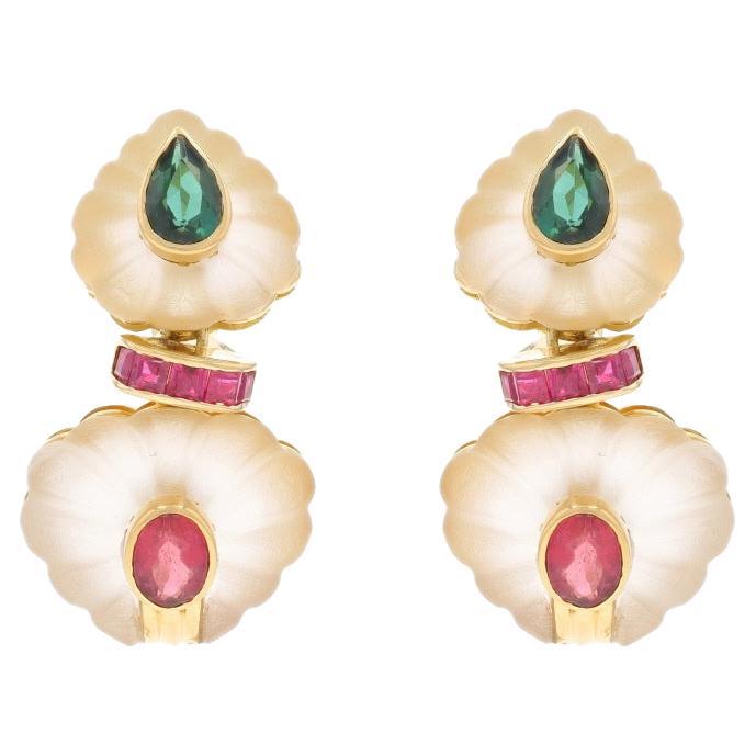 Orecchini a pendente in oro giallo con tormalina, rubino e quarzo roccioso 18k Pear 2,44ctw Pierced
