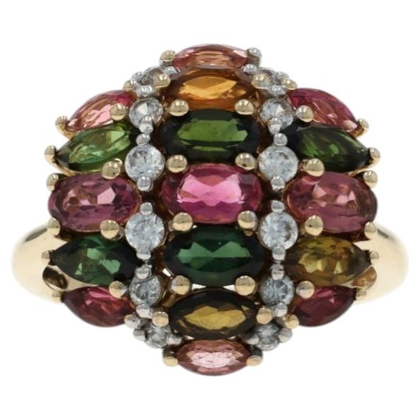 Yellow Gold Tourmaline White Topaz Cluster Cocktail Ring 10k Marq & Oval 3.13ctw