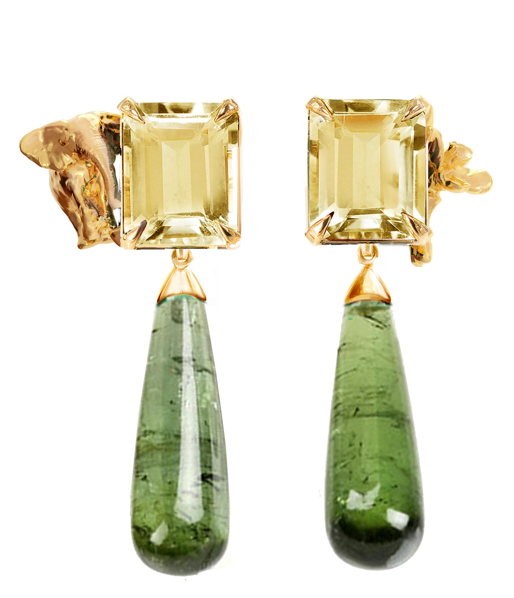 Orecchini Transformer in oro giallo con tormaline verdi lunghe staccabili in vendita 8