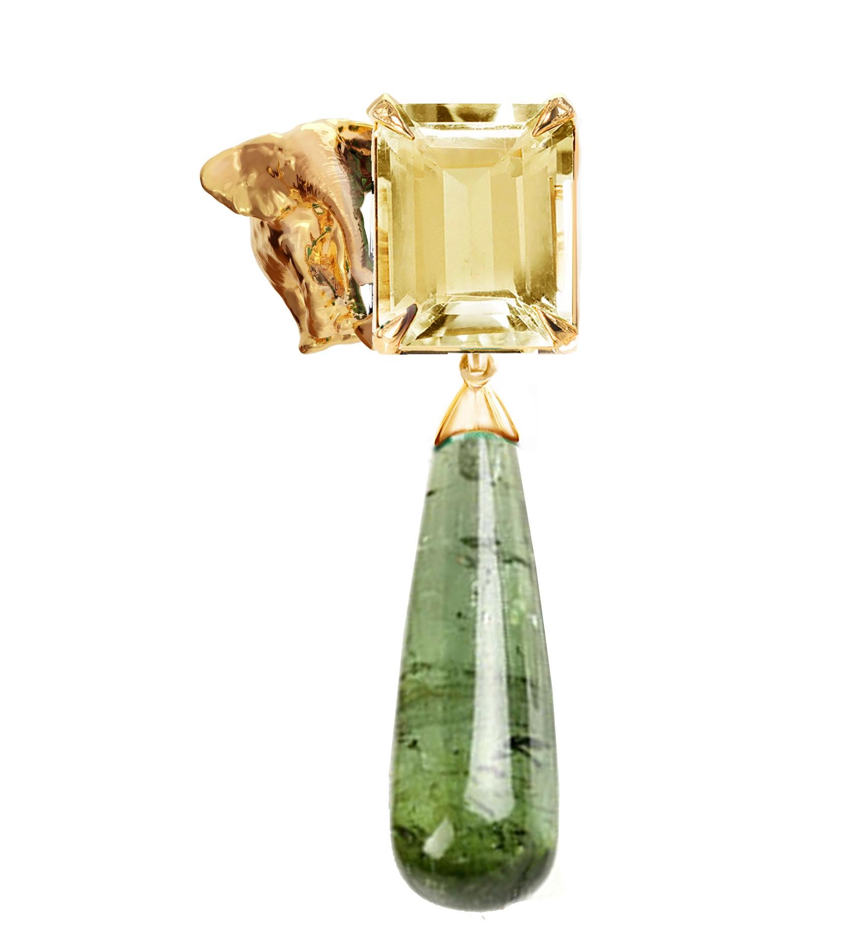 Cabochon Orecchini Transformer in oro giallo con tormaline verdi lunghe staccabili in vendita