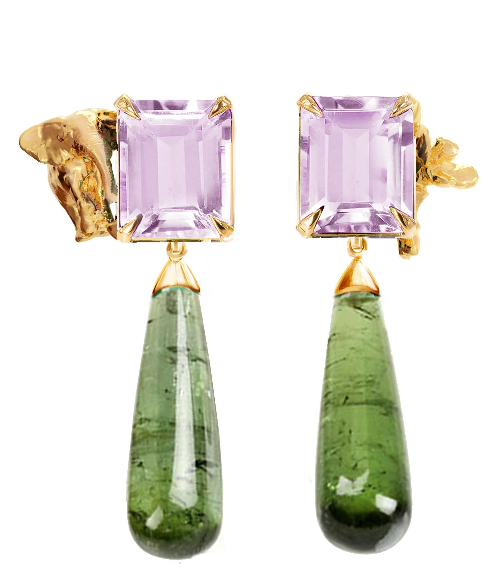 Yellow Gold Transformer Earrings with Detachable Long Green Tourmalines For Sale 1