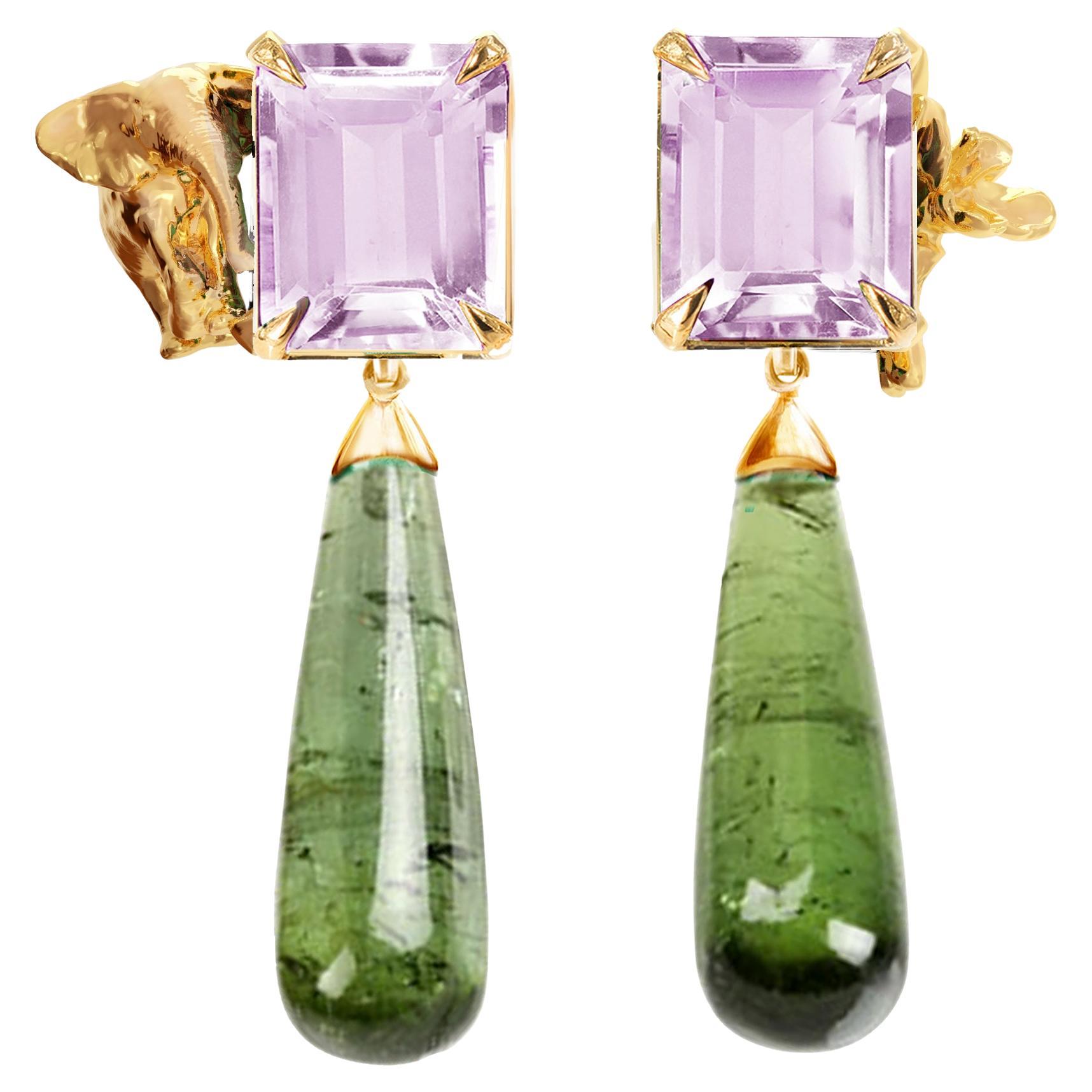 Yellow Gold Transformer Earrings with Detachable Long Green Tourmalines For Sale
