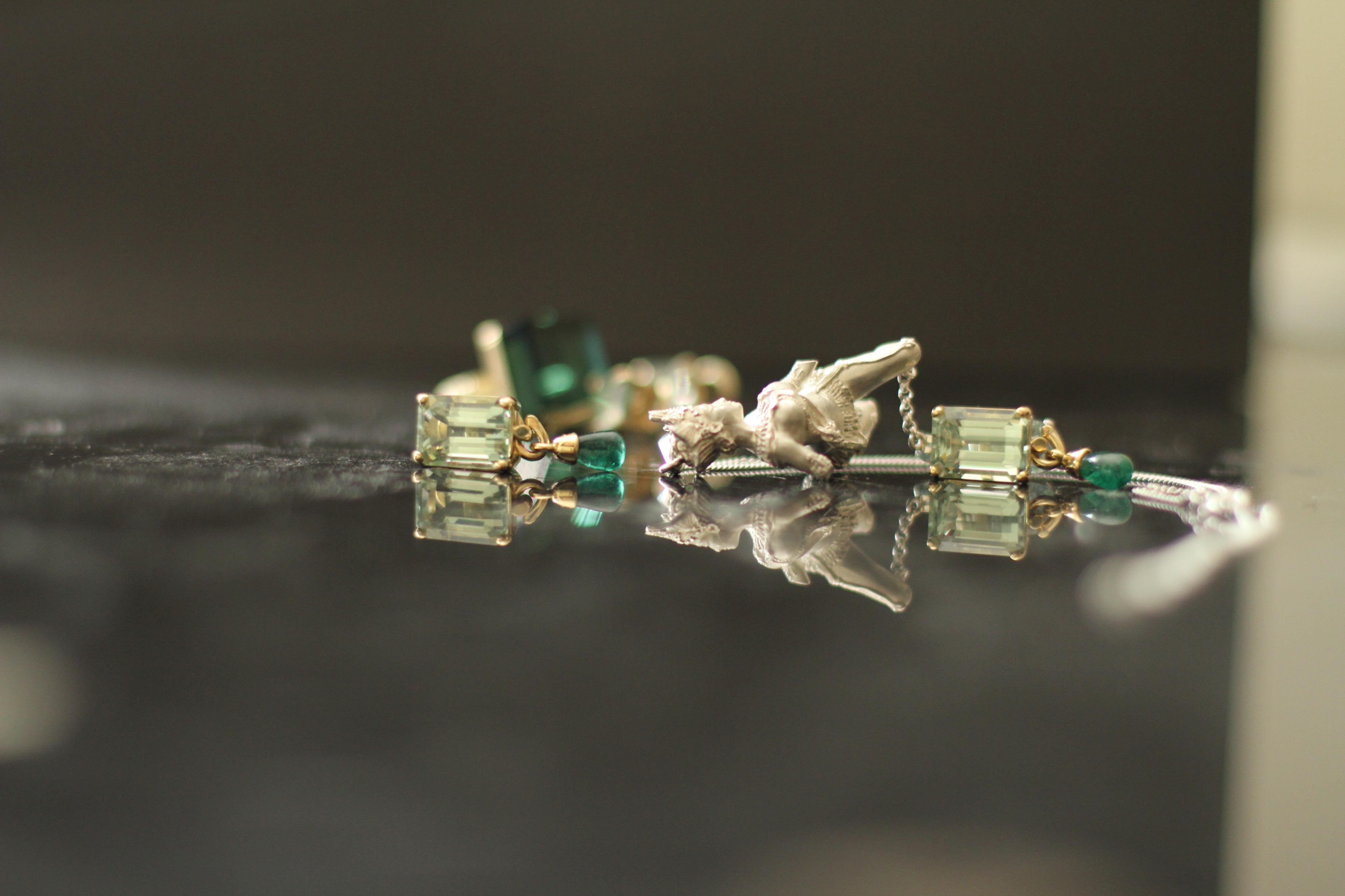 Yellow Gold Transformer Stud Earrings with Emeralds and Mint Quartzes For Sale 7