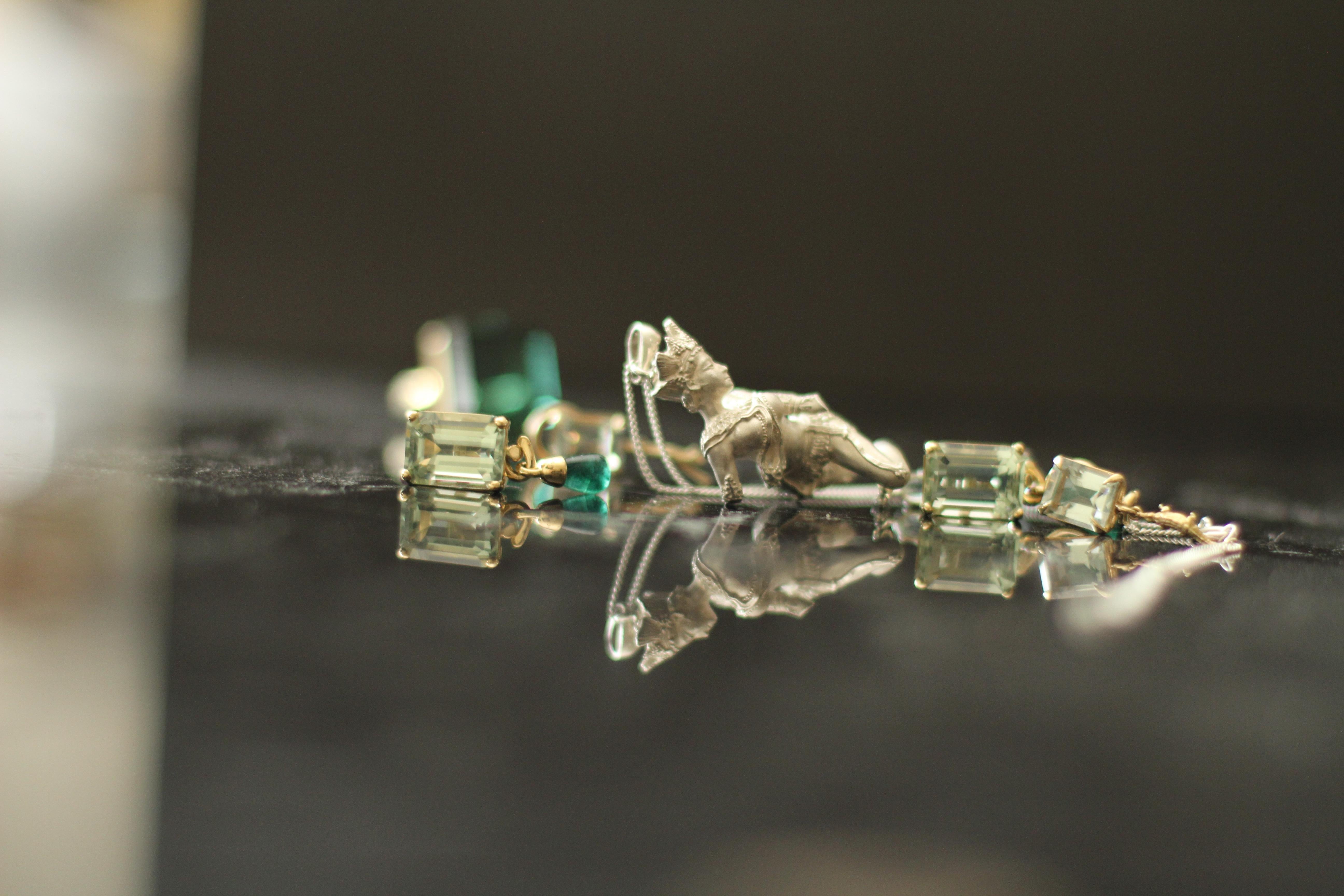 Cabochon Yellow Gold Transformer Stud Earrings with Emeralds and Mint Quartzes For Sale