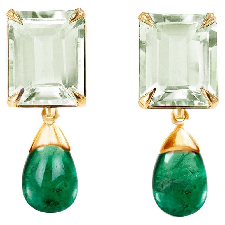 Yellow Gold Transformer Stud Earrings with Emeralds and Mint Quartzes For Sale