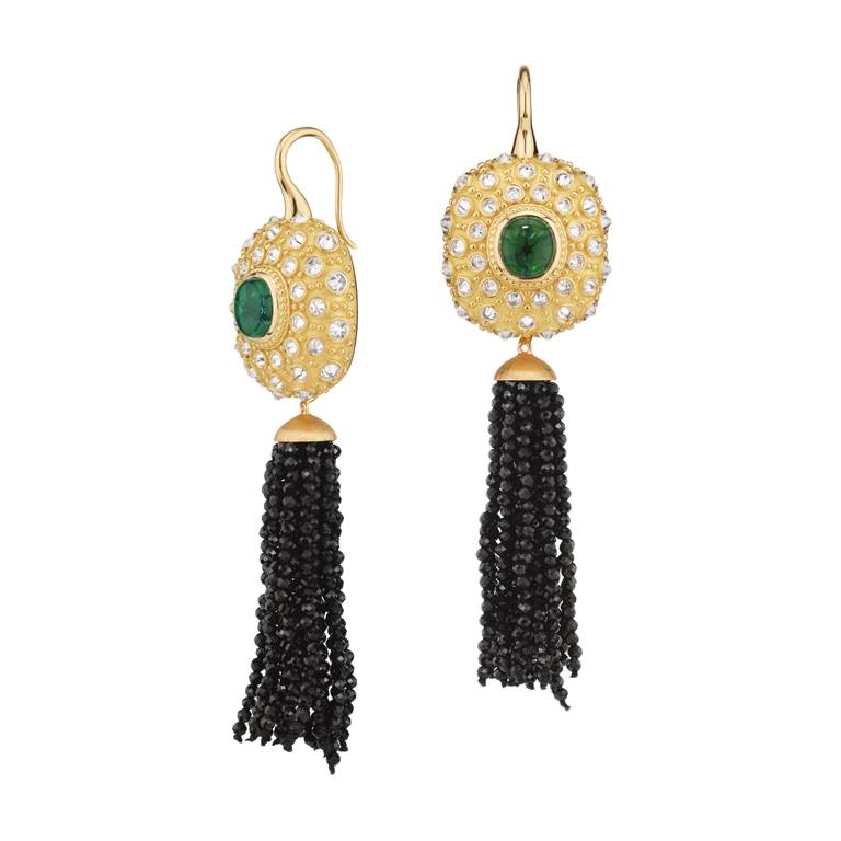 AnaKatarina Yellow Gold, Trapiche Emerald, Diamond, Black Spinel Tassel Earrings
