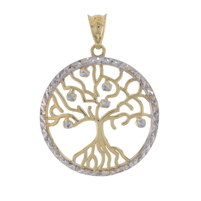 Metal Content: 10k Yellow Gold & 10k White Gold

Theme: Tree of Life, Family Love
Features: Etched Detailing

Measurements

Tall (from stationary bail): 29/32