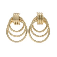 Yellow Gold Triple Circle Drop Earrings - 10k Rope Twist Door Knocker Pierced