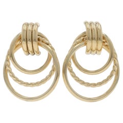 Yellow Gold Triple Circle Drop Earrings - 10k Rope Twist Door Knocker Pierced