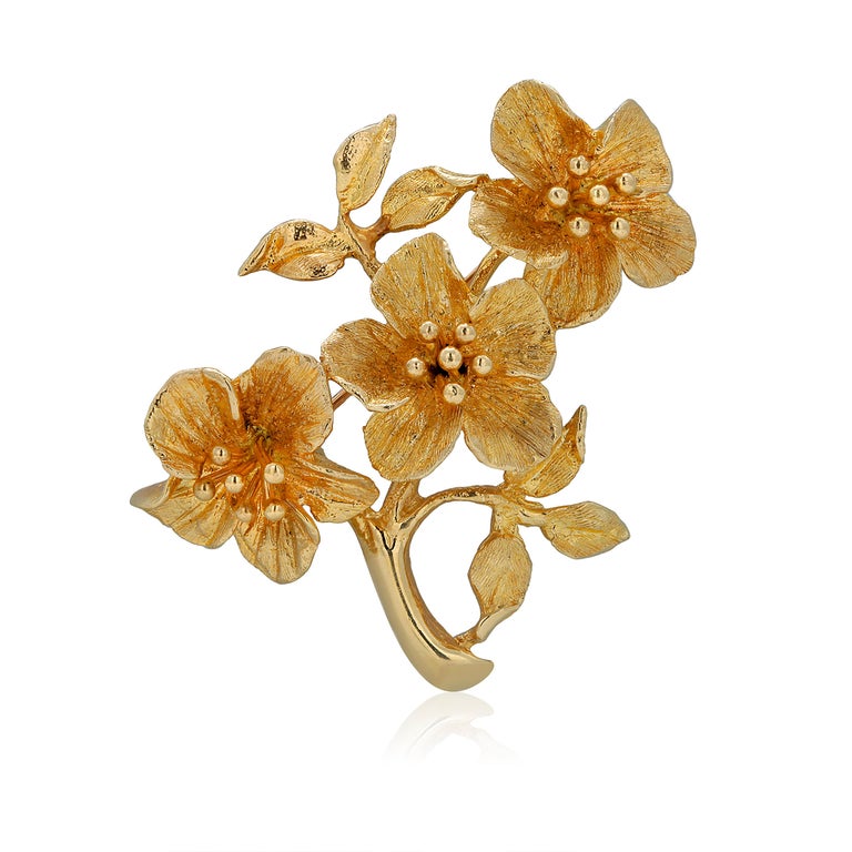 Yellow Gold Triple Flower Brooch Measuring Two inches For Sale at 1stDibs