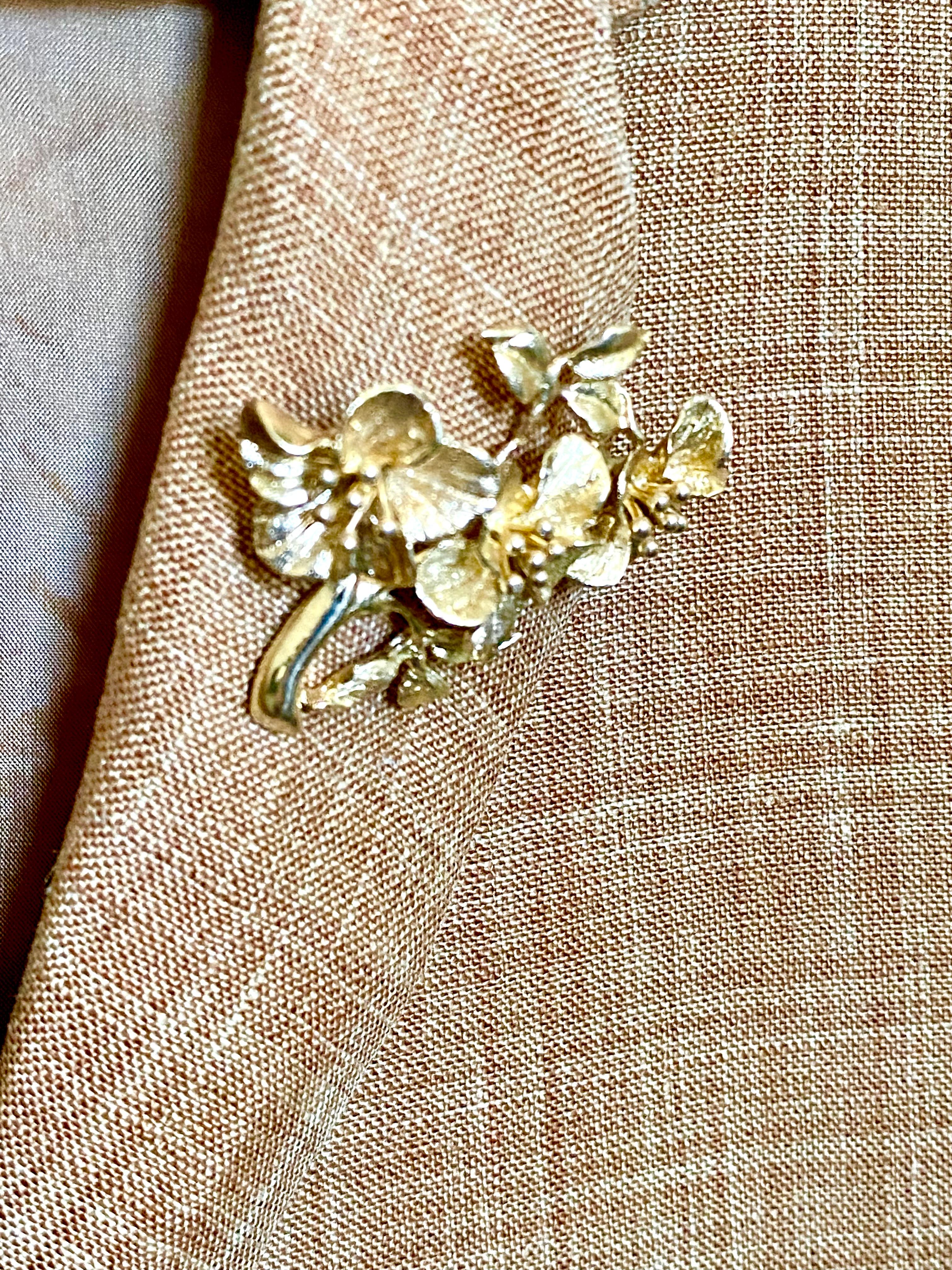 Post-War Yellow Gold Ornate Triple Floral Design Vintage Brooch Measuring Two inches