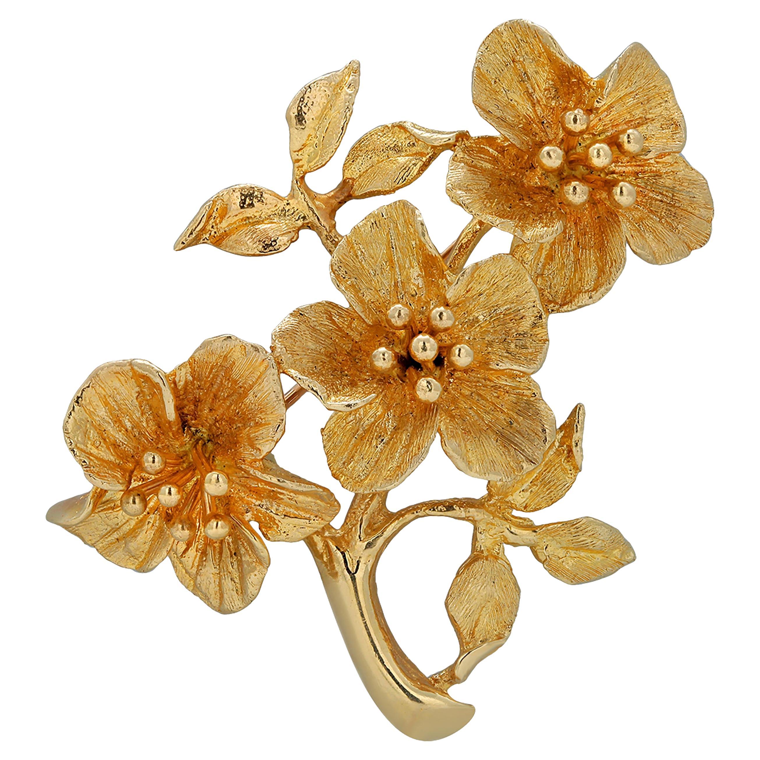Yellow Gold Ornate Triple Floral Design Vintage Brooch Measuring Two inches In Good Condition In New York, NY