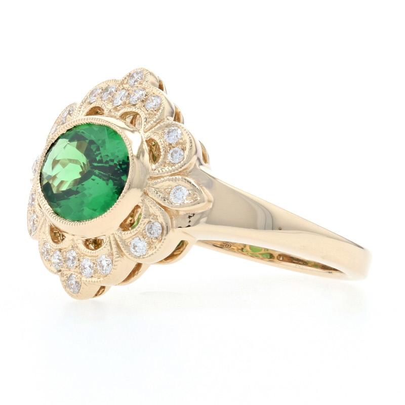 Size: 6 1/2 
Sizing Fee: Up or Down 1 Size for $40 

Brand: Beverly K.

Metal Content: 14k Yellow Gold 

Stone Information: 
Genuine Tsavorite Garnet
Carat: 1.78ct
Cut: Oval 
Color: Green

Natural Diamonds
Carats: .18ctw
Cut: Round Brilliant 
Color: