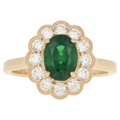 Yellow Gold Tsavorite Garnet & Diamond Ring, 18k Oval Cut 2.09 Carat Floral Halo