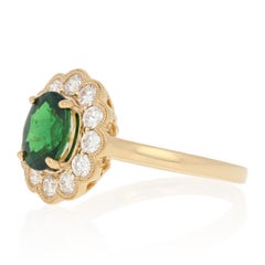 Yellow Gold Tsavorite Garnet & Diamond Ring, 18k Oval Cut 2.09 Carat Floral Halo