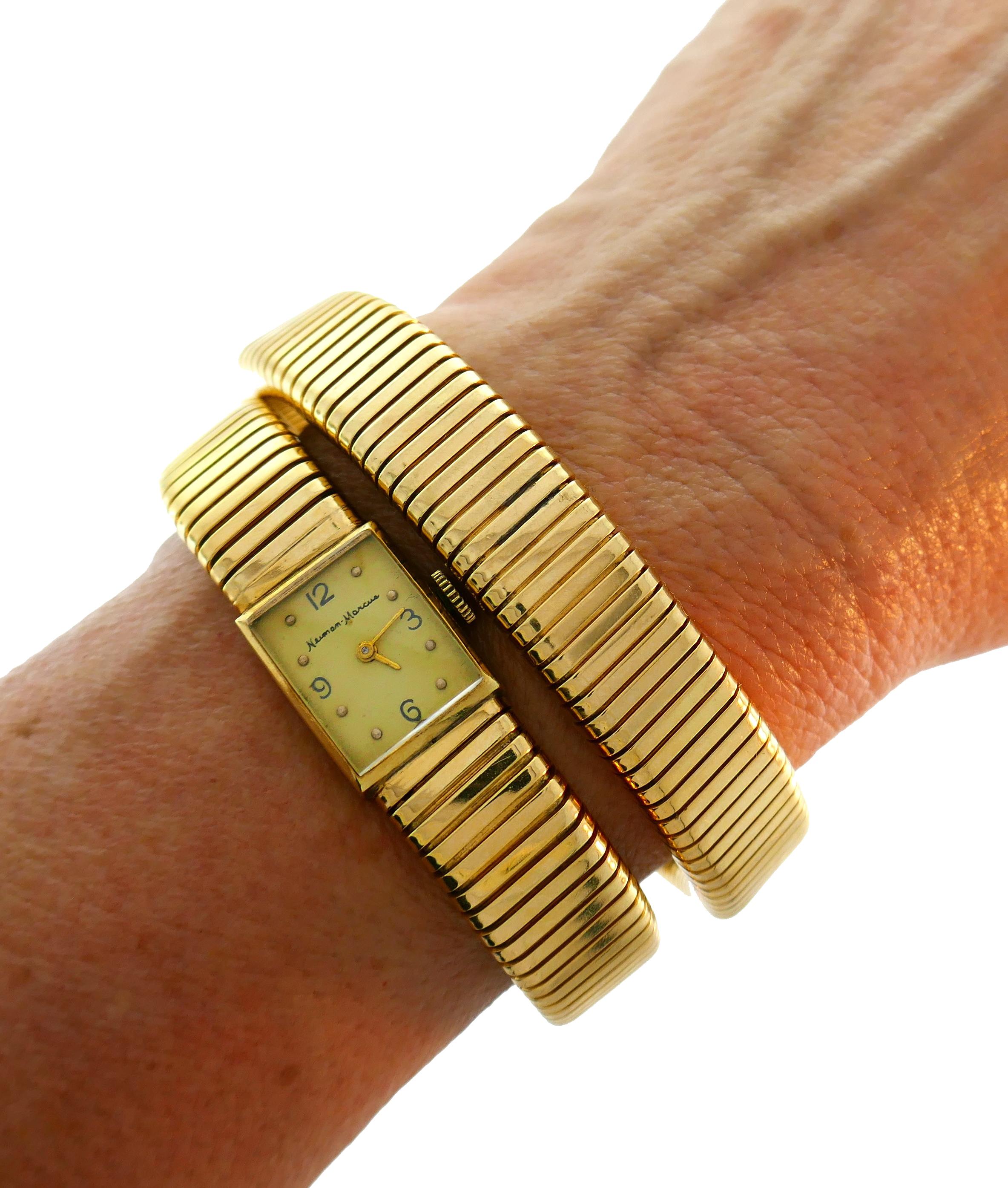 Yellow Gold Tubogas Retro Watch Wrap Bracelet by Neiman Marcus, 1950s 4