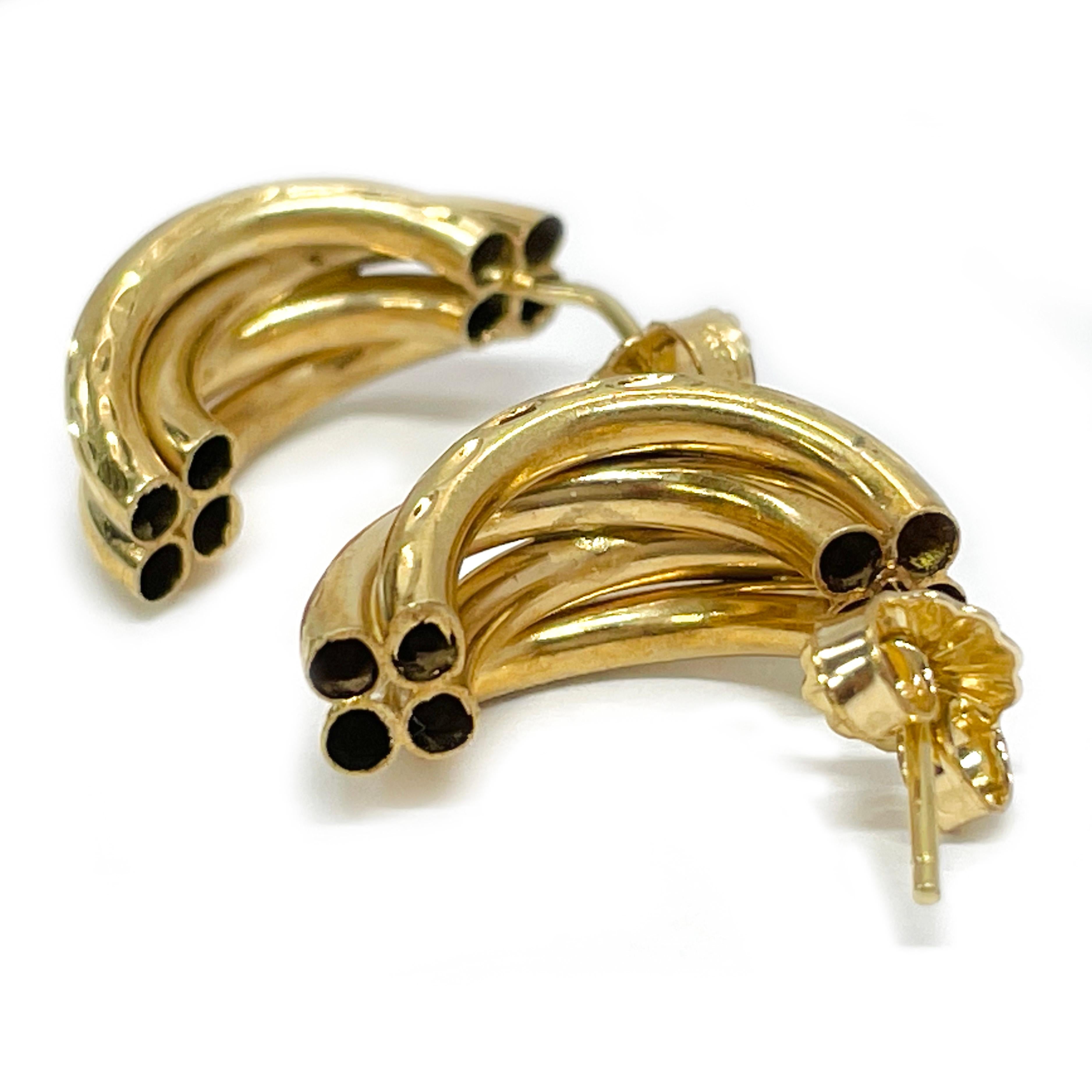 Retro Yellow Gold Tubular Diamond Cut Earrings For Sale