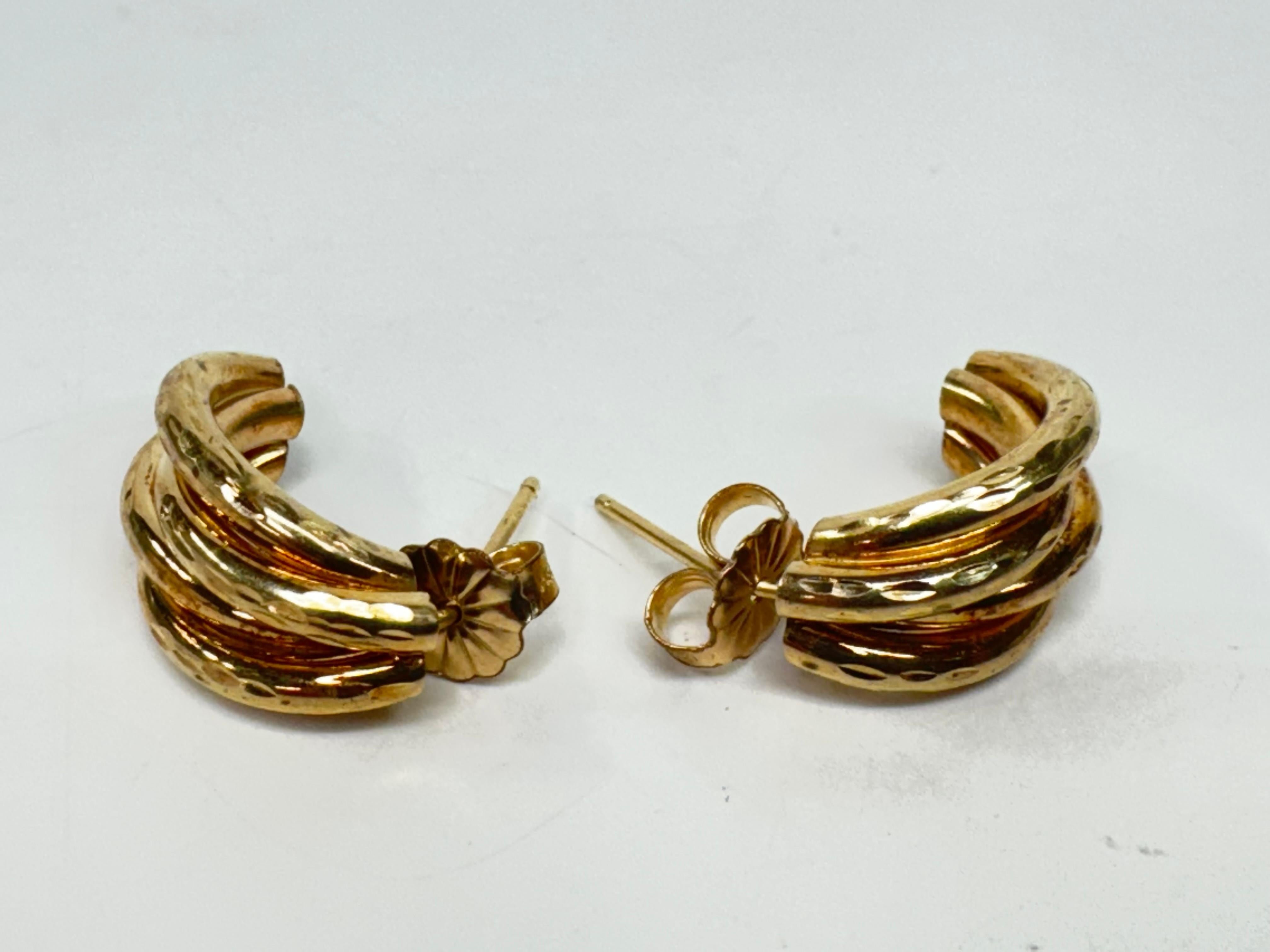 Yellow Gold Tubular Diamond Cut Earrings 2