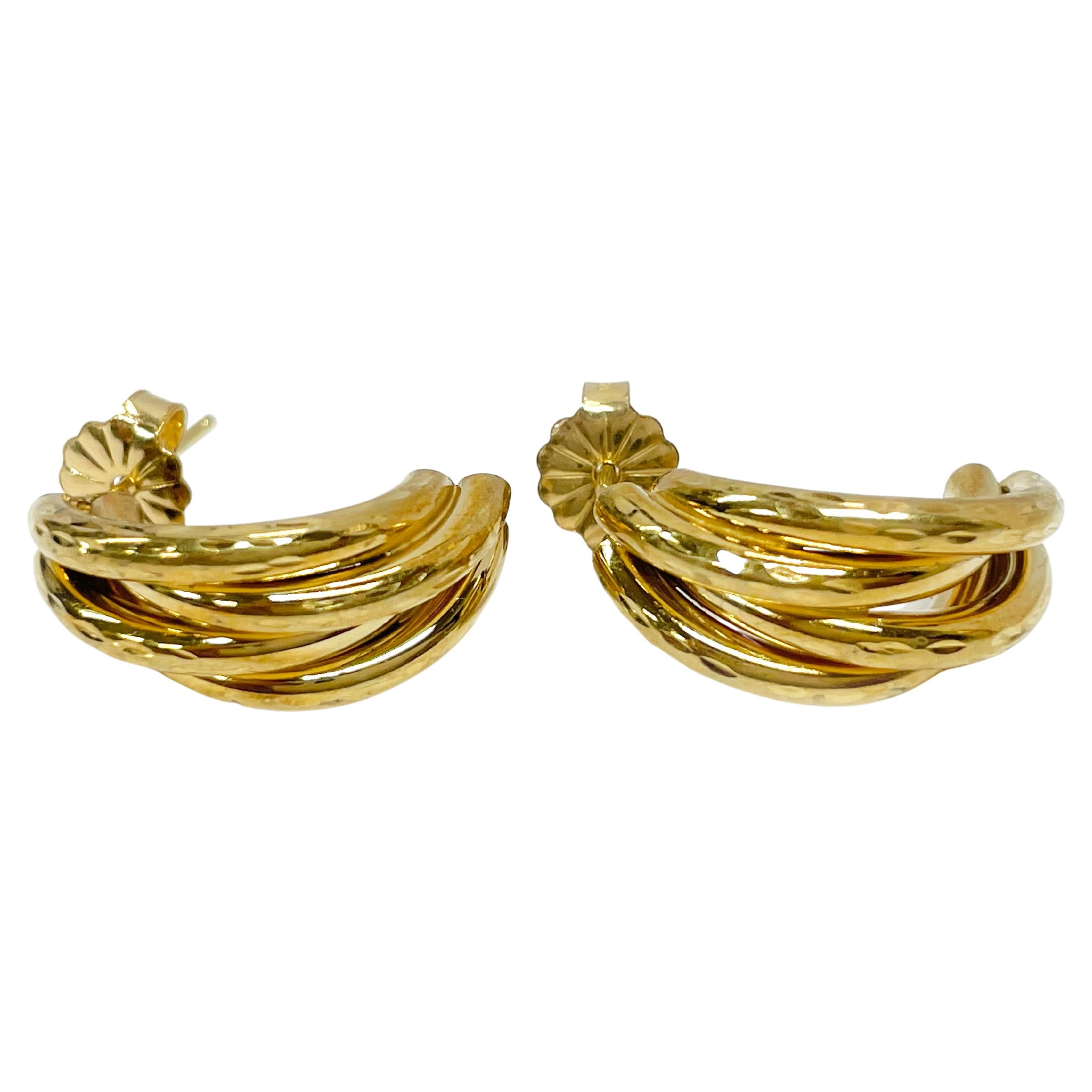 Yellow Gold Tubular Diamond Cut Earrings For Sale