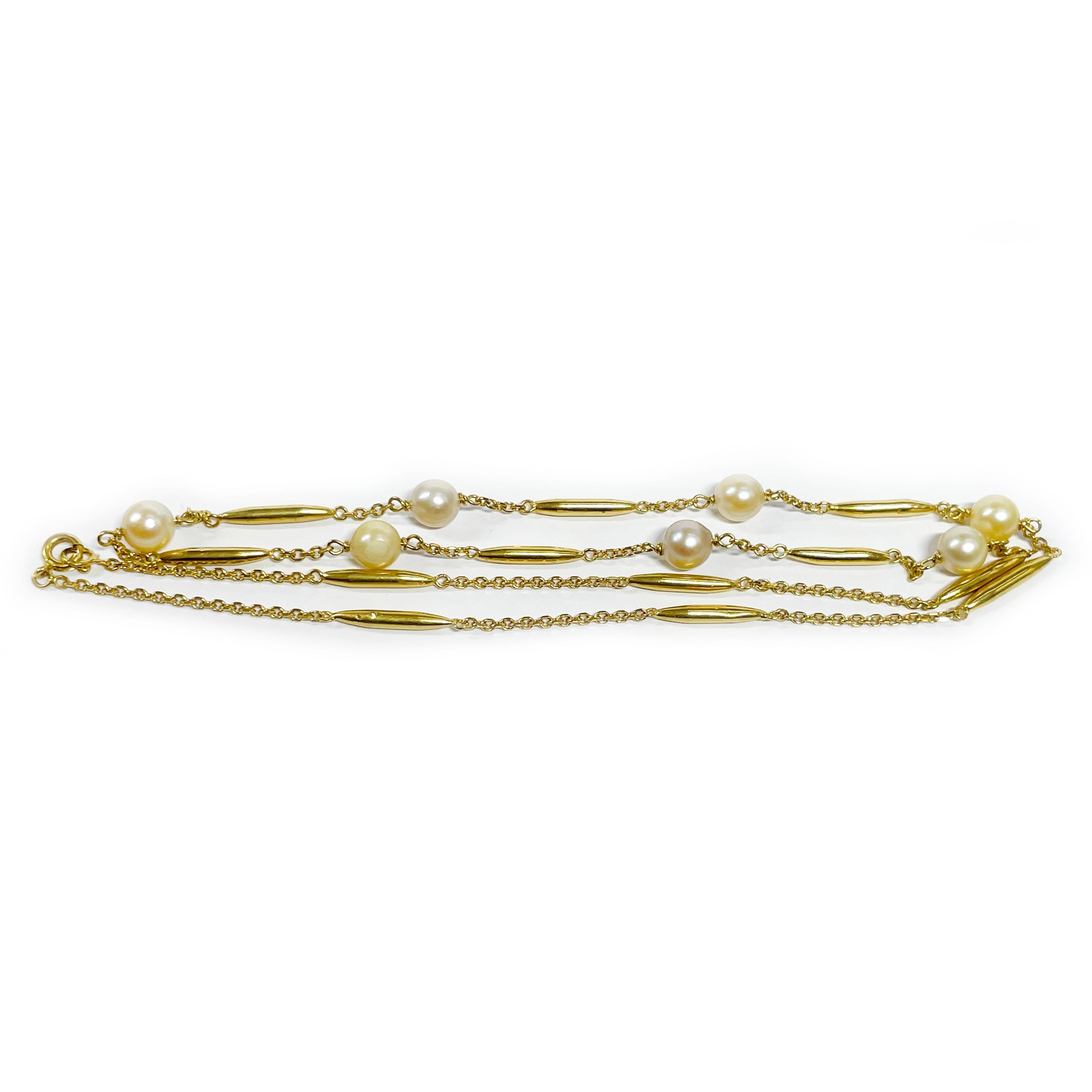 Contemporary Yellow Gold Tubular Pearl Necklace For Sale