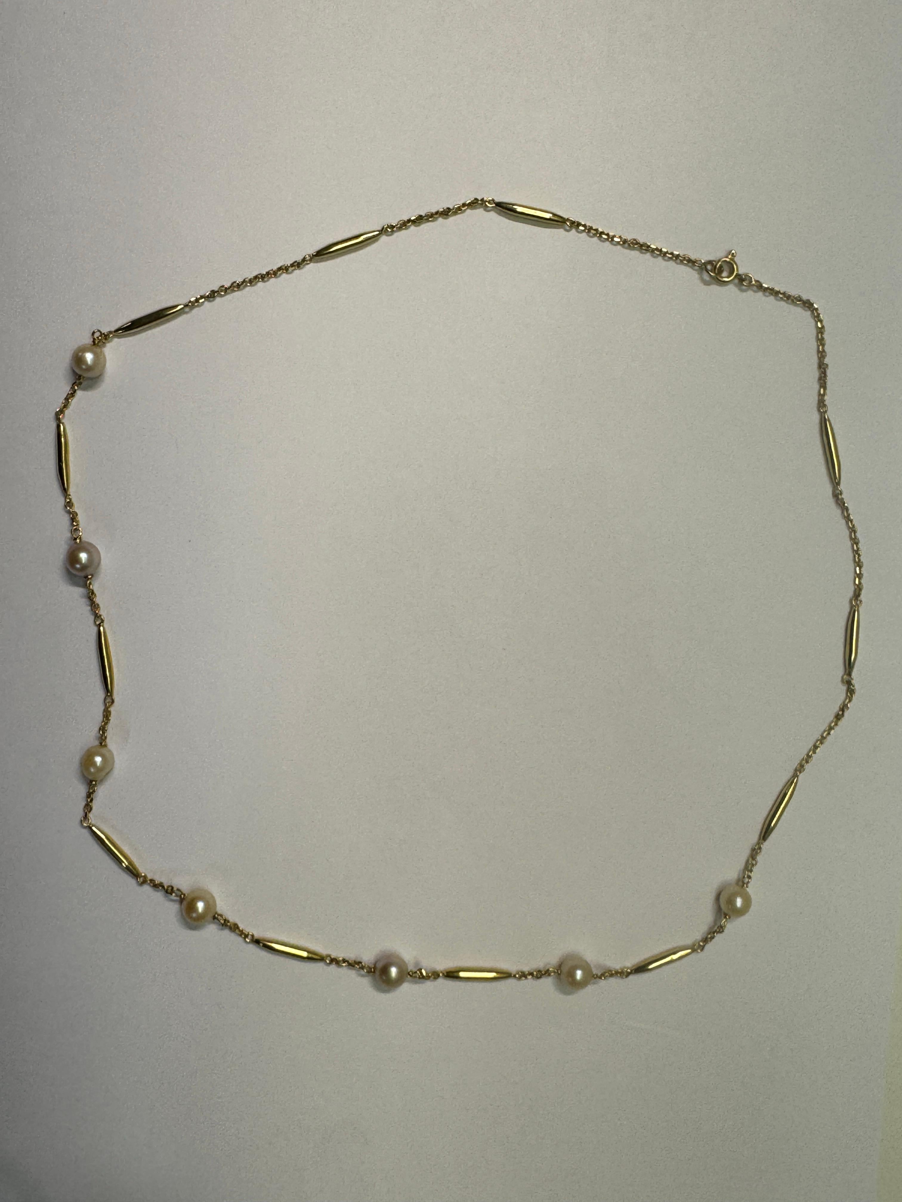Yellow Gold Tubular Pearl Necklace For Sale 2