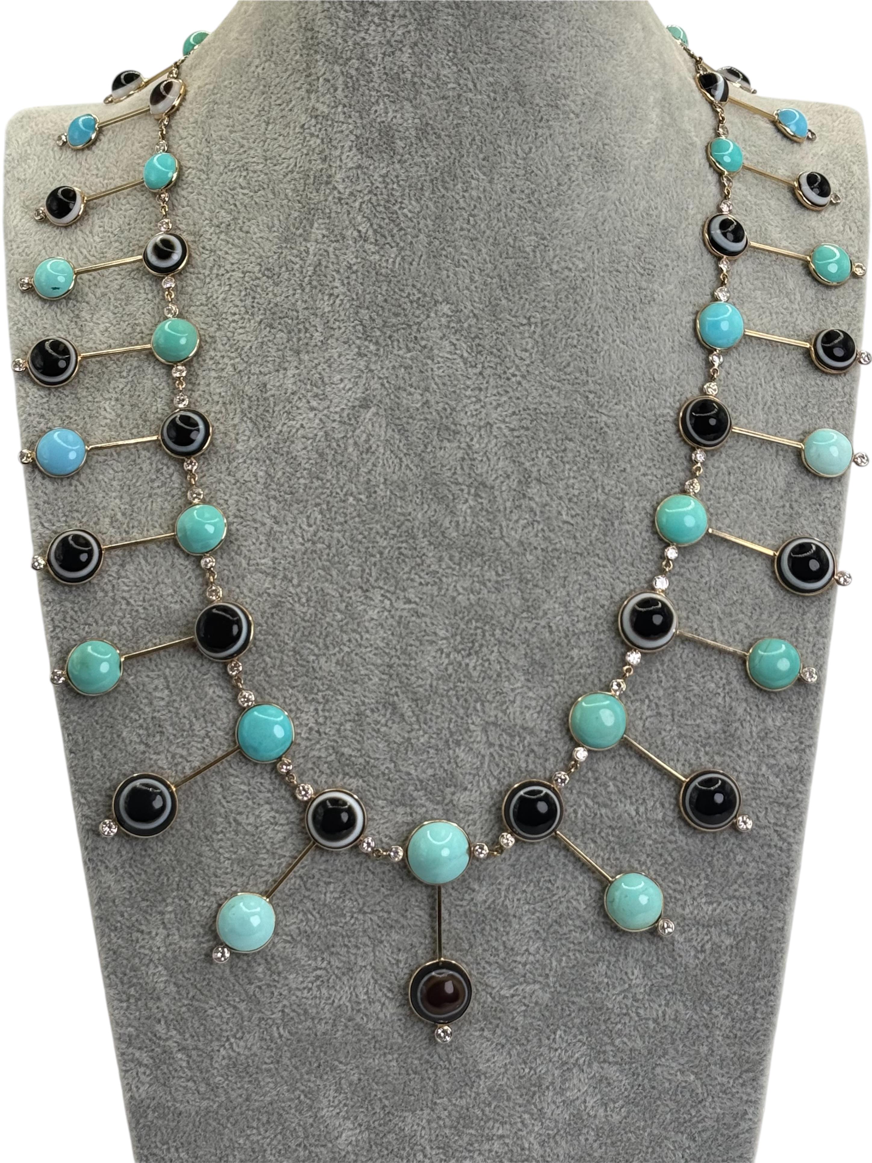 14K Yellow Gold Turquoise, Agate & Diamond “Evil Eye” Fringe Necklace en vente 5