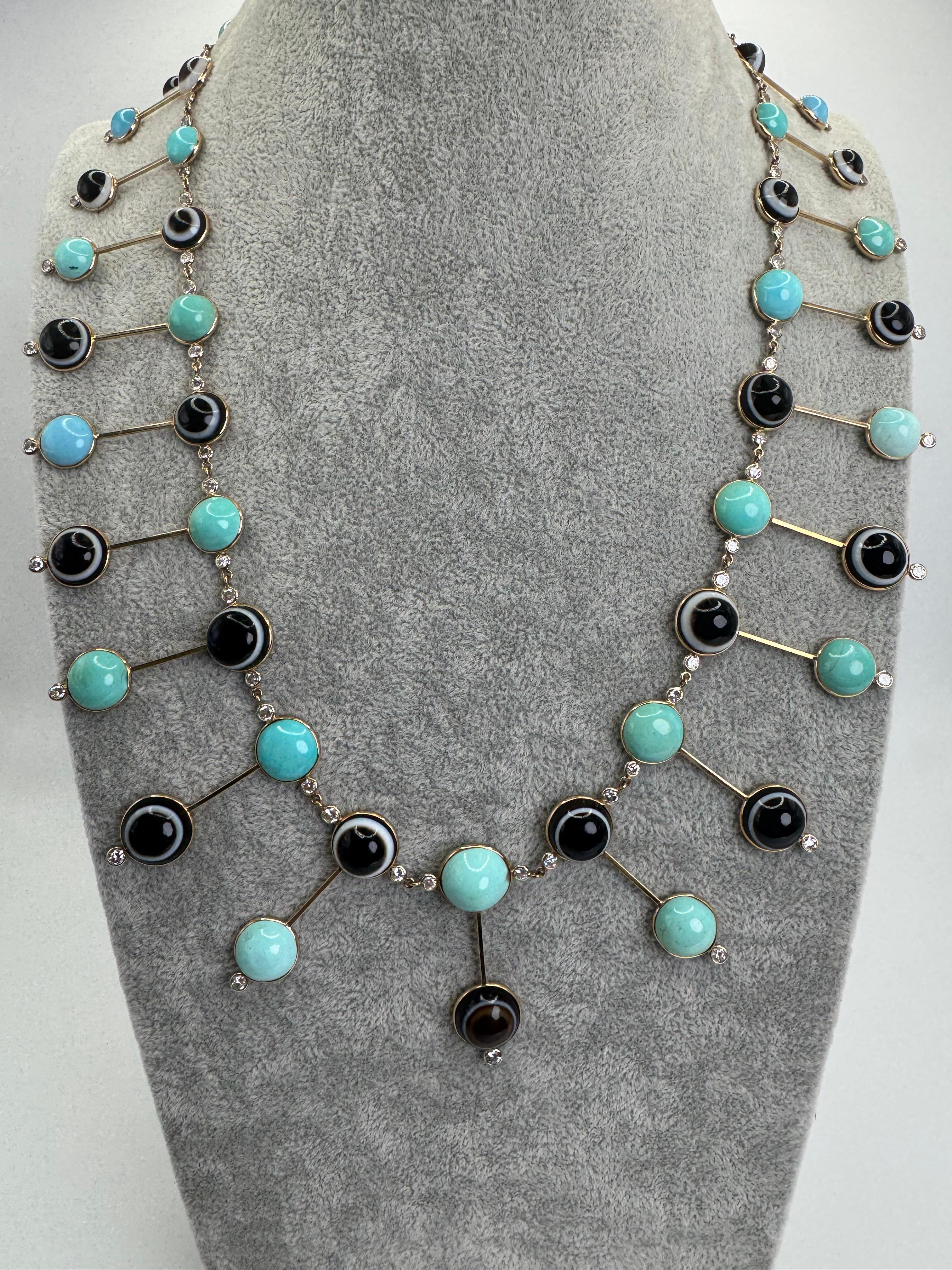 Taille brillant 14K Yellow Gold Turquoise, Agate & Diamond “Evil Eye” Fringe Necklace en vente